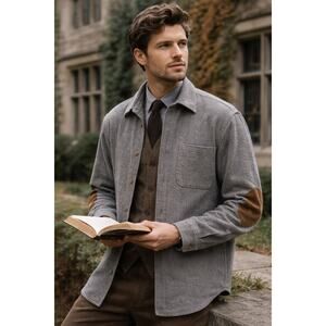 VTG Pendleton Wool Shirt XL Elbow Patch Gray Made in USA Dark Academia Professor
